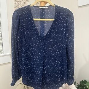Lush Navy Dot Print V-Neck Long Sleeve Blouse Size S